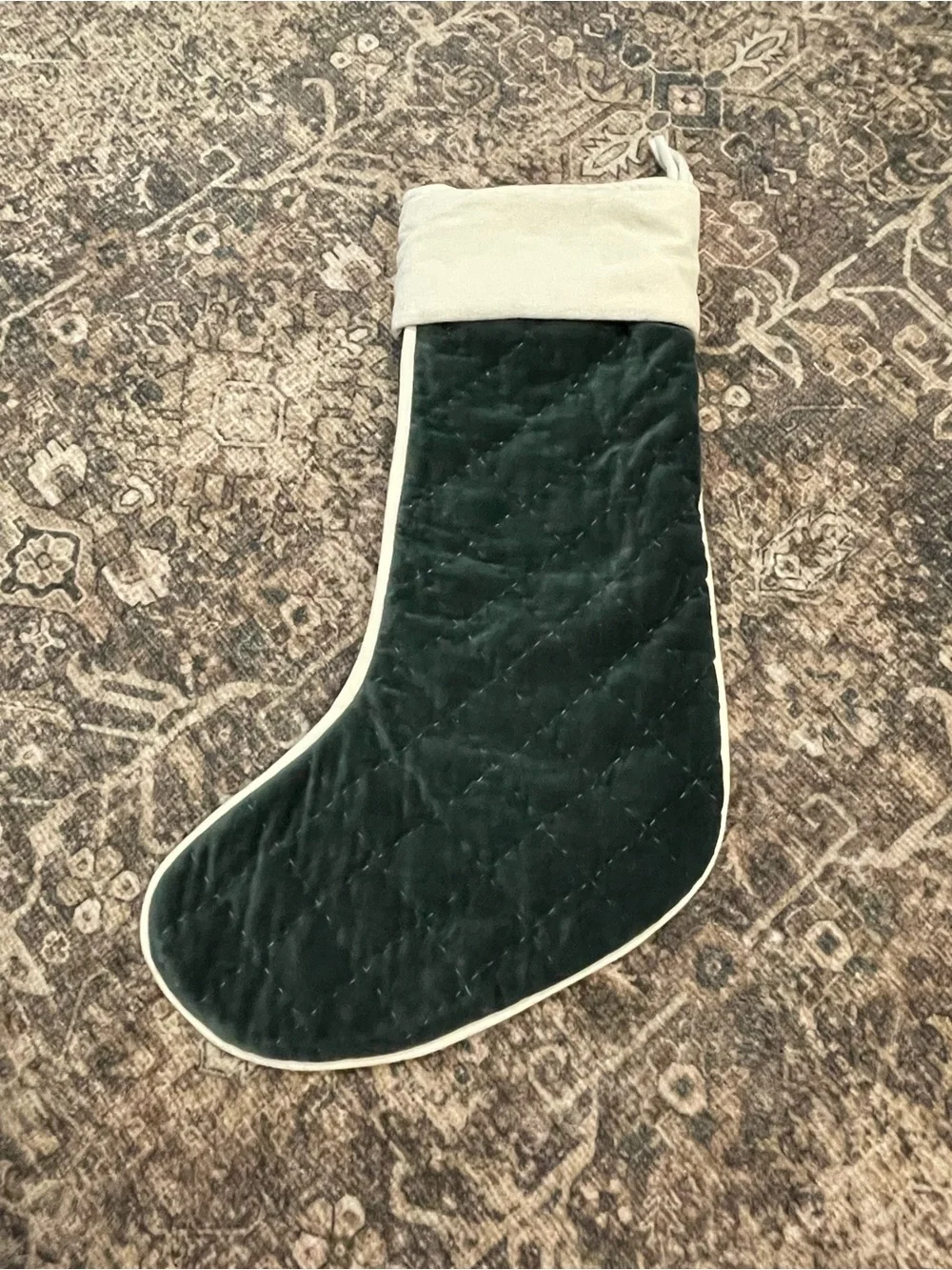 Crate&Barrel green velvet quilted Christmas stocking